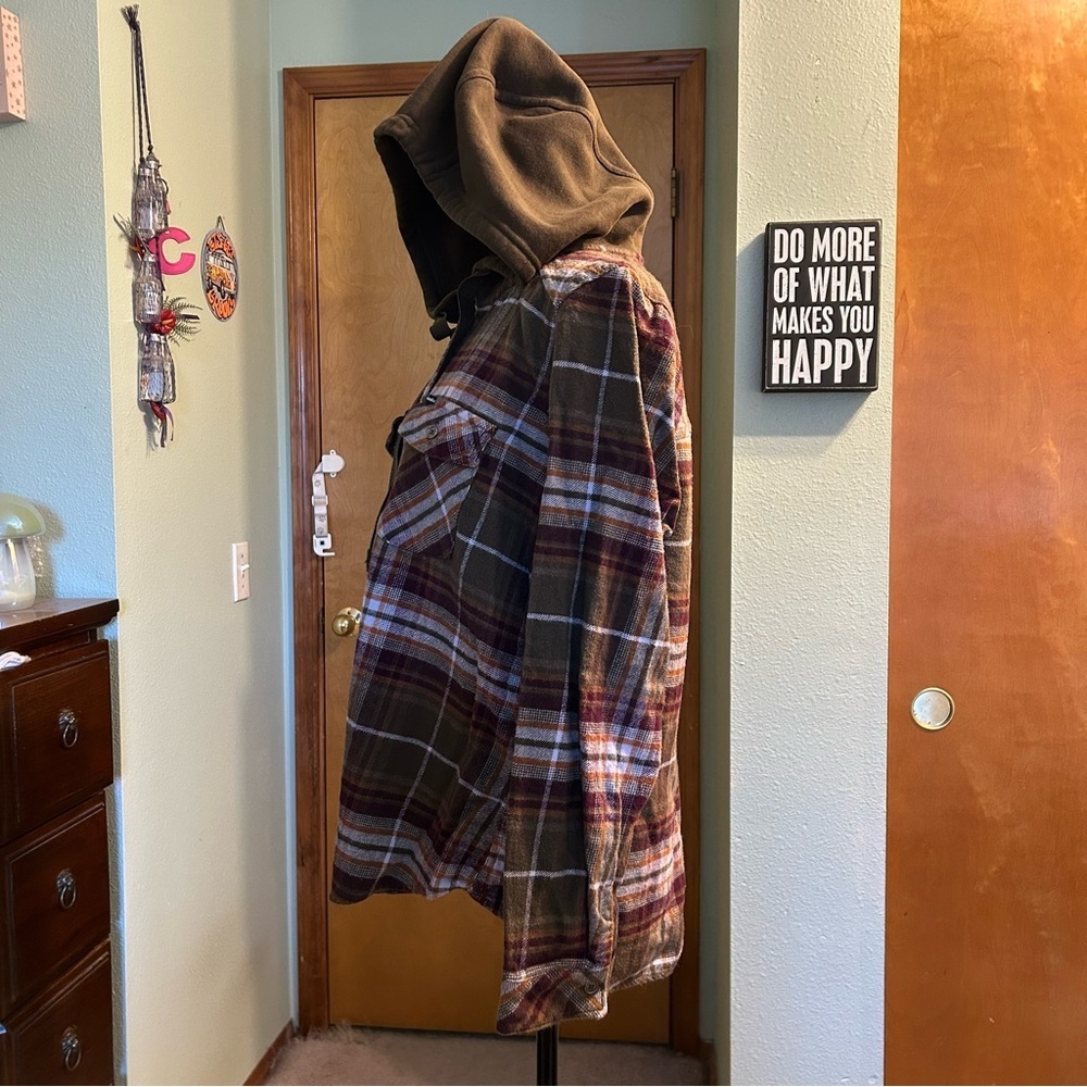 Columbia brown plaid flannel shacket with hood size XL gorpcore outdoors grunge - Picture 4 of 9